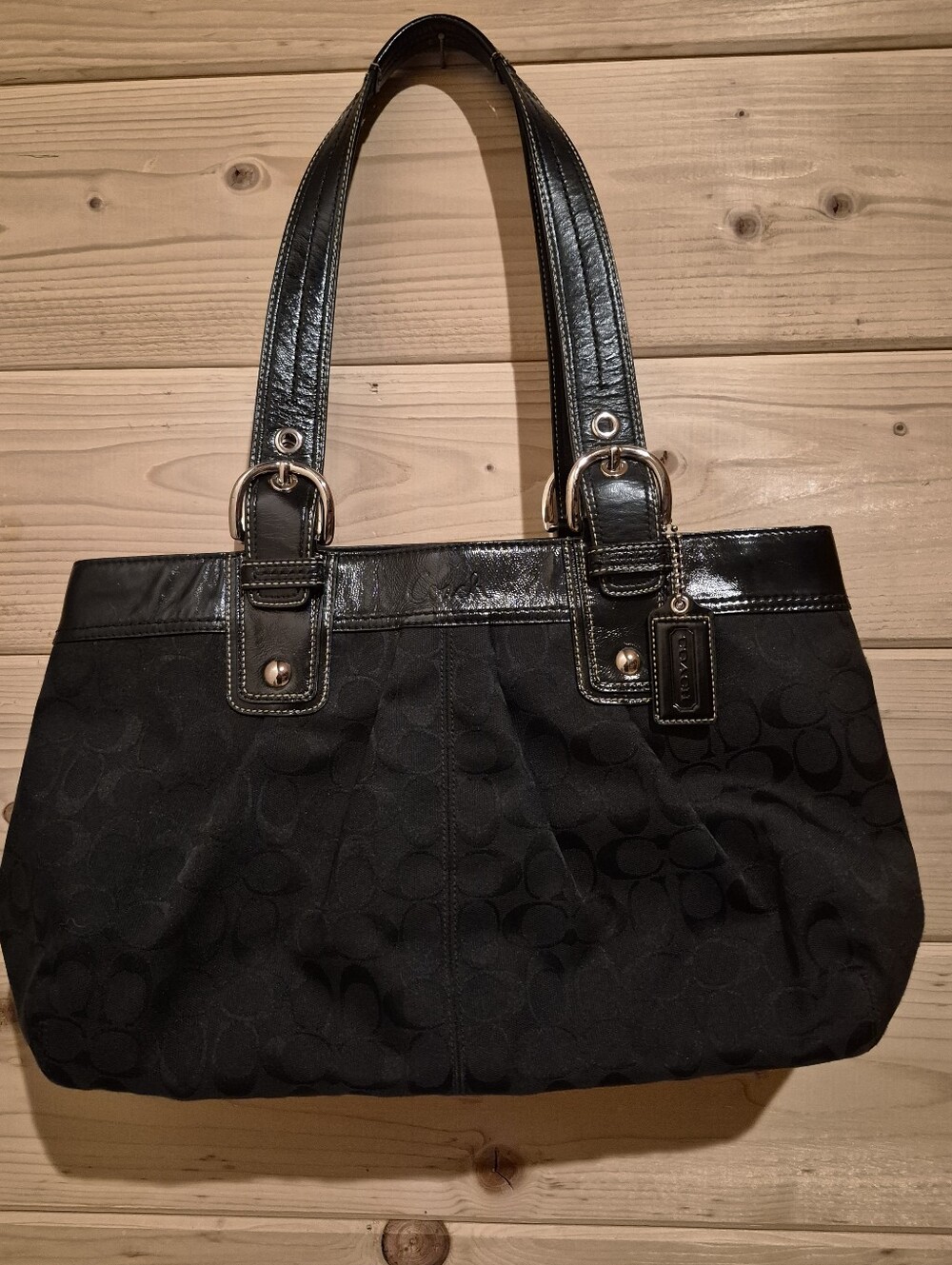 Coach Black Logo Shoulder Bag Zip Double Handles Inner Pockets Silver Hardware